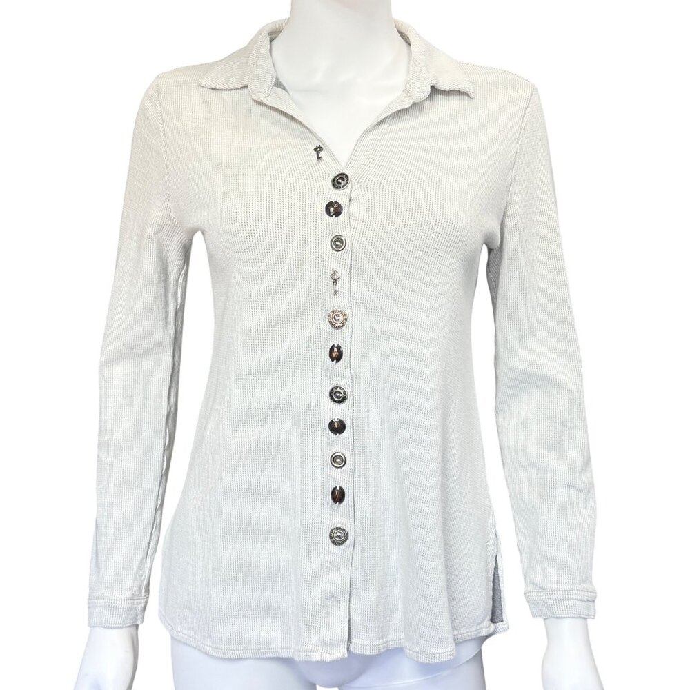Soft Surroundings Button Front Womens XS Gray Cotton Waffle Knit Long Sleeve